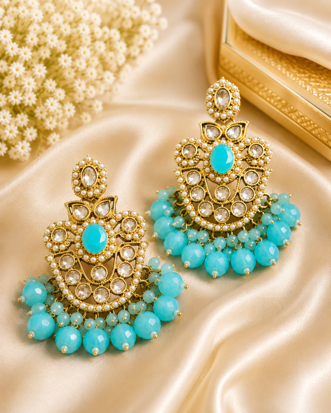 Gold Ruby Seed Pearl Polki Kundan Chandbali Earrings with Multicolour Bead Drops | OLS4