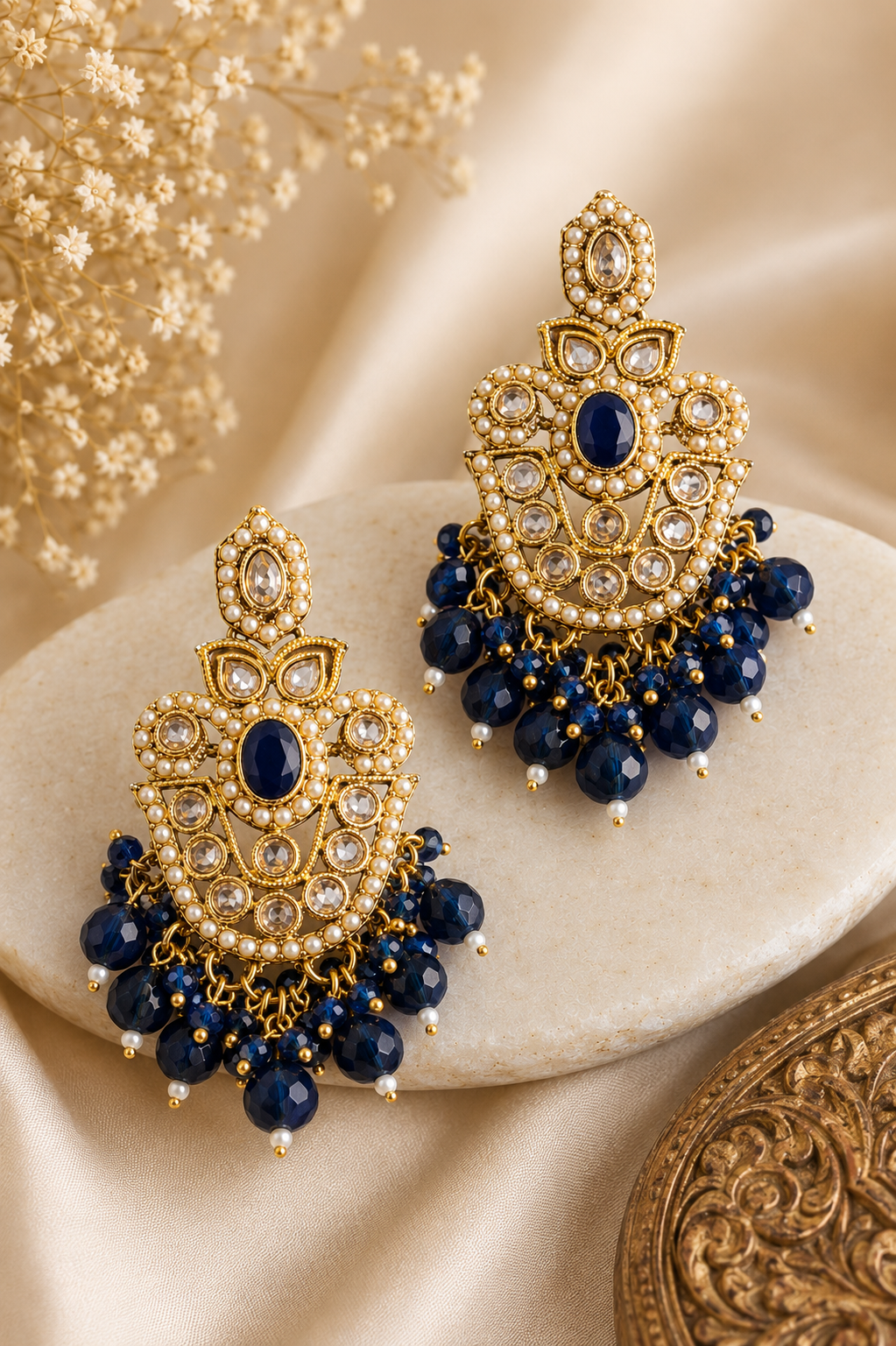 Gold Ruby Seed Pearl Polki Kundan Chandbali Earrings with Multicolour Bead Drops | OLS4