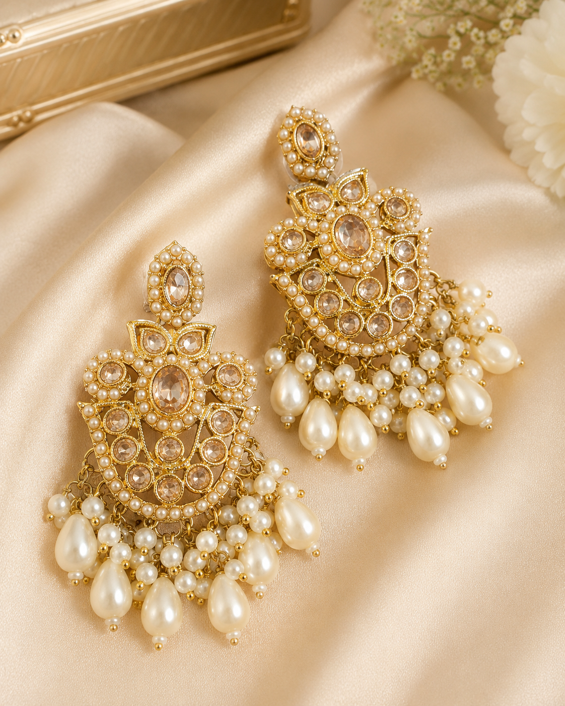 Gold Ruby Seed Pearl Polki Kundan Chandbali Earrings with Multicolour Bead Drops | OLS4