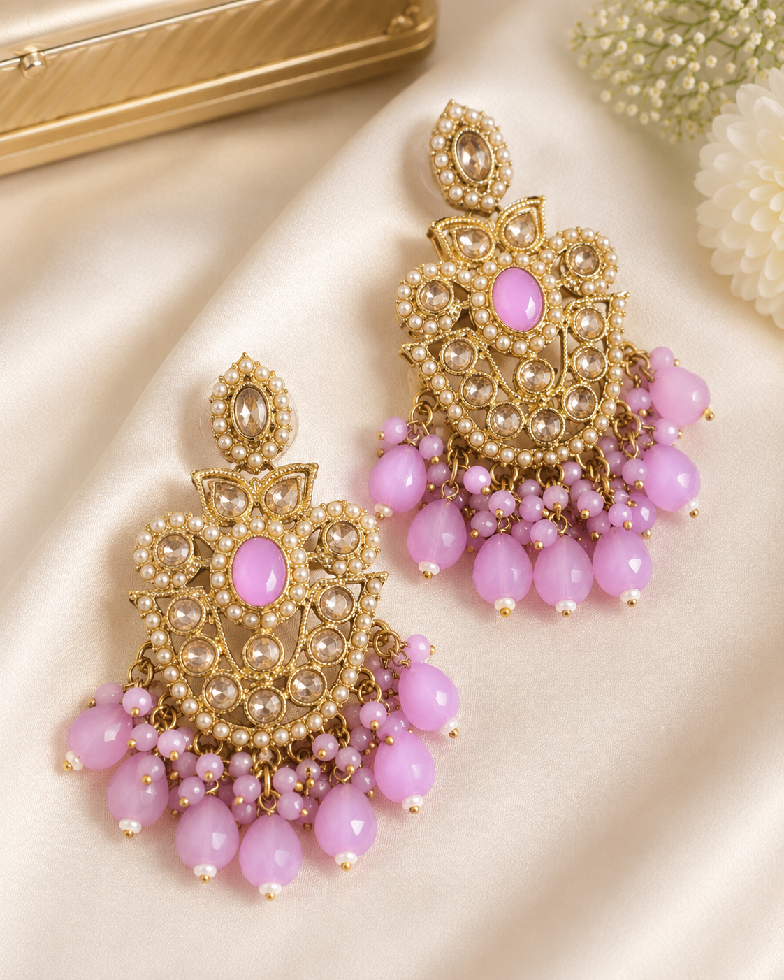 Gold Ruby Seed Pearl Polki Kundan Chandbali Earrings with Multicolour Bead Drops | OLS4