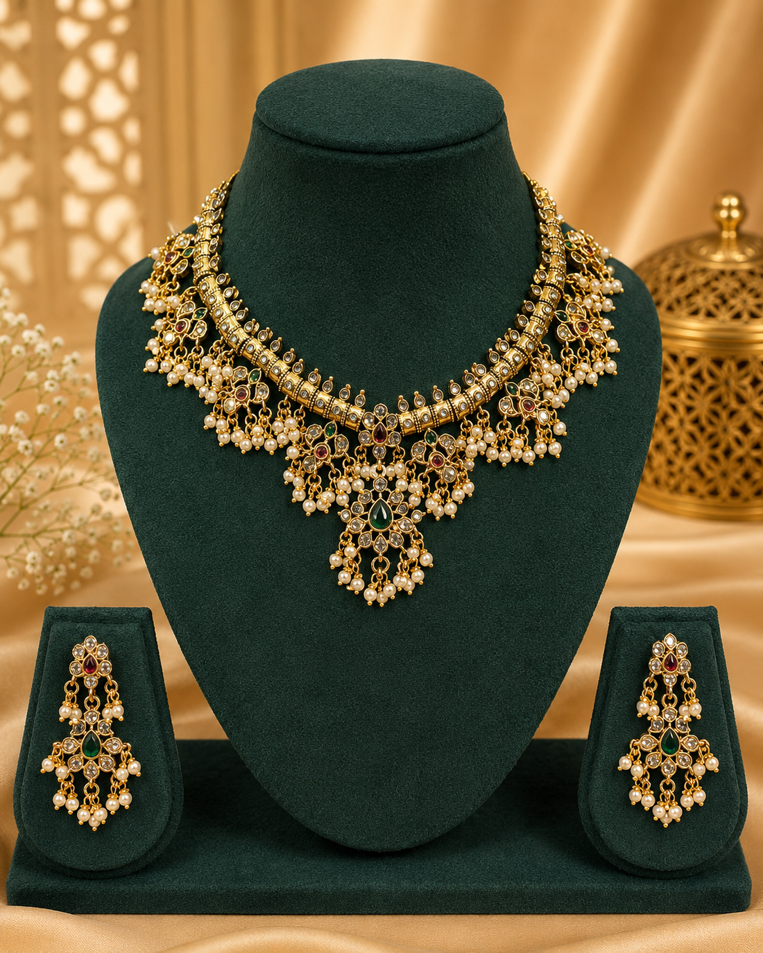 Antique Gold Polki CZ Pearl Cluster Fringe Necklace Set with Emerald | OL144