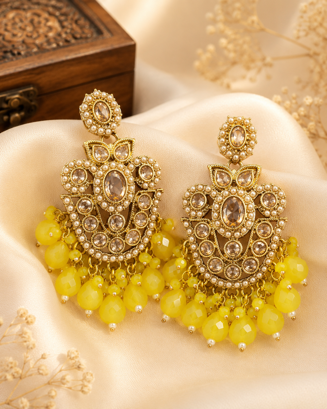 Gold Ruby Seed Pearl Polki Kundan Chandbali Earrings with Multicolour Bead Drops | OLS4