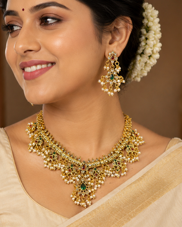 Antique Gold Polki CZ Pearl Cluster Fringe Necklace Set with Emerald | OL144