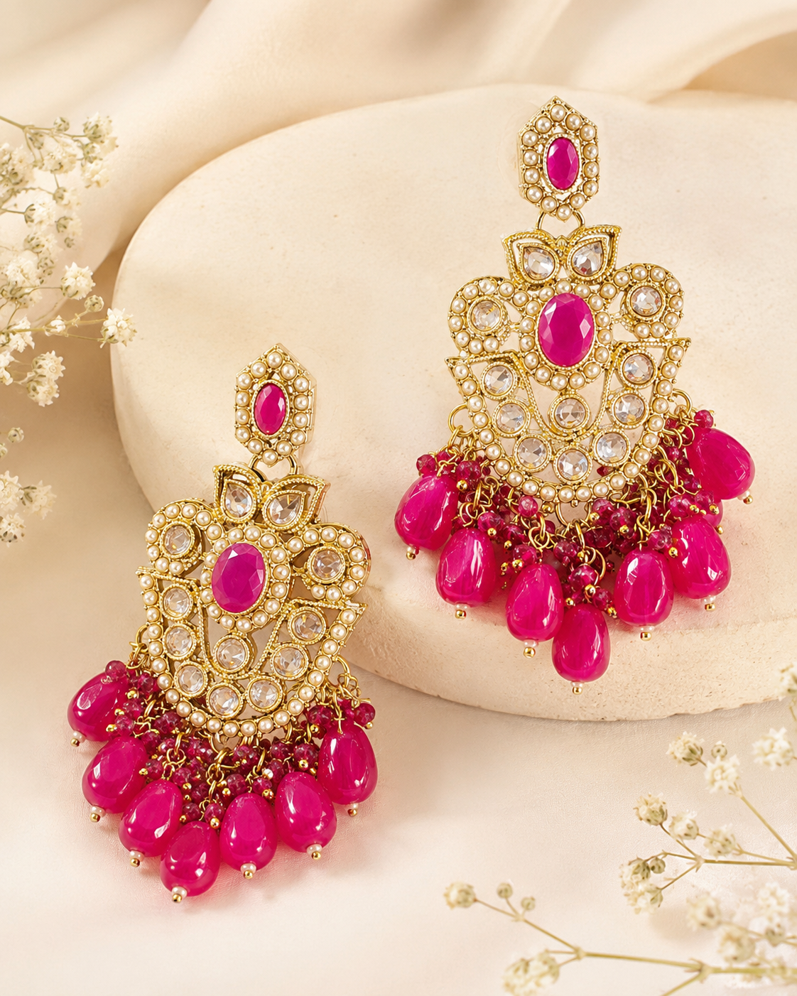 Gold Ruby Seed Pearl Polki Kundan Chandbali Earrings with Multicolour Bead Drops | OLS4