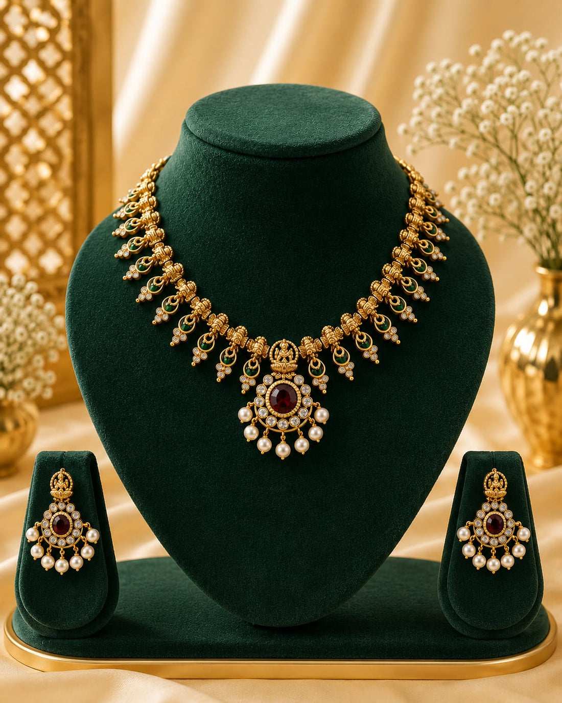Antique Gold Lakshmi Temple Granulated Spike Necklace Set with Pearls | OL146