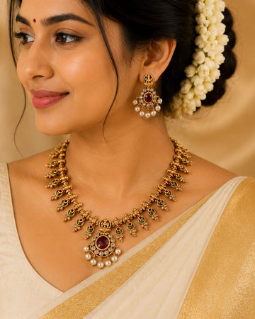Antique Gold Lakshmi Temple Granulated Spike Necklace Set with Pearls | OL146