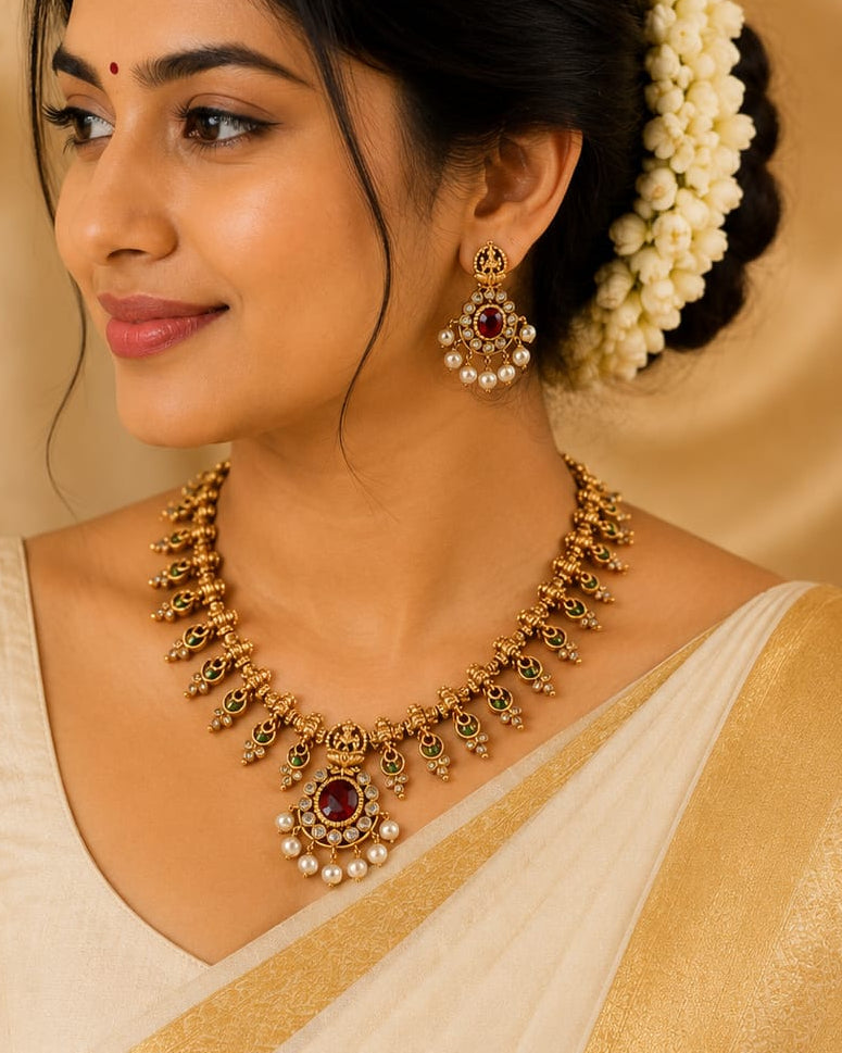 Antique Gold Lakshmi Temple Granulated Spike Necklace Set with Pearls | OL146