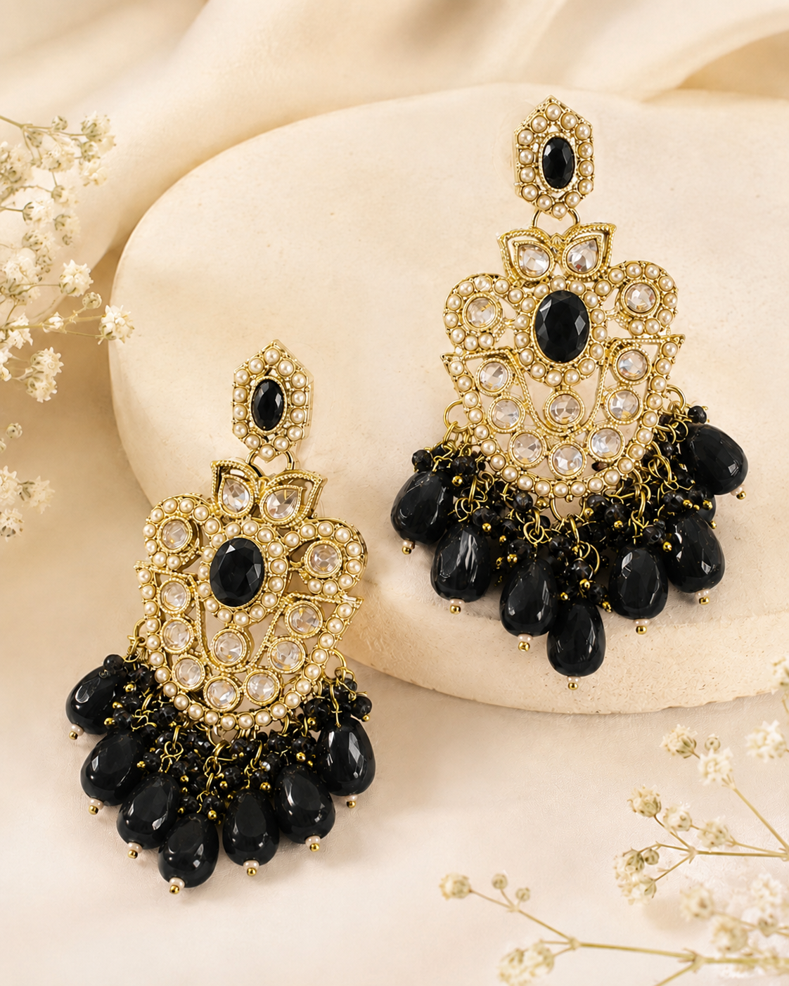 Gold Ruby Seed Pearl Polki Kundan Chandbali Earrings with Multicolour Bead Drops | OLS4