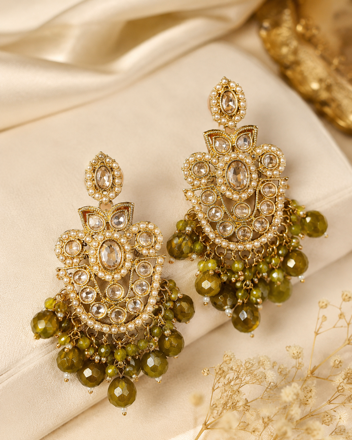 Gold Ruby Seed Pearl Polki Kundan Chandbali Earrings with Multicolour Bead Drops | OLS4