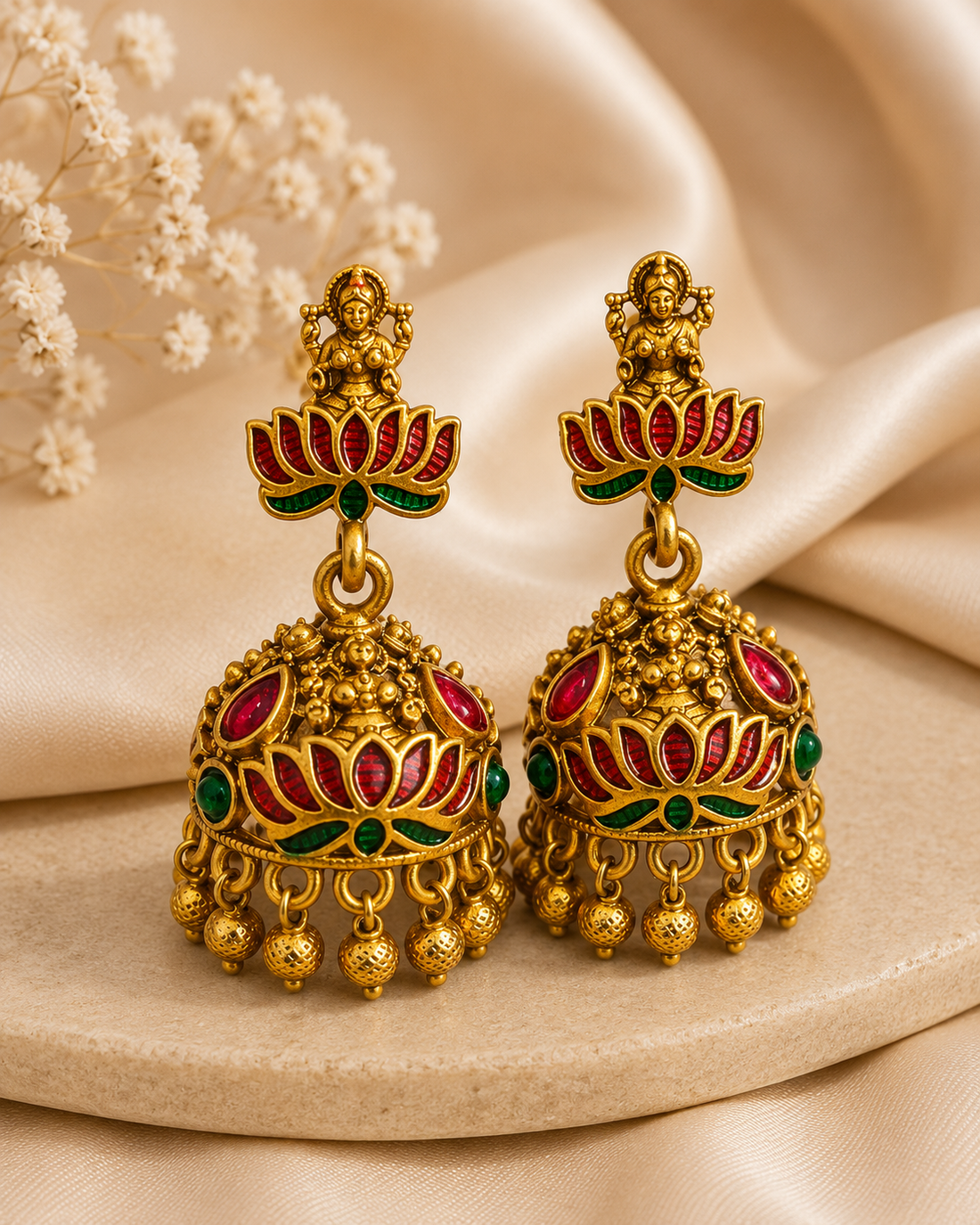 Antique Gold Goddess Lakshmi Lotus Temple Jhumka Earrings | OLS3
