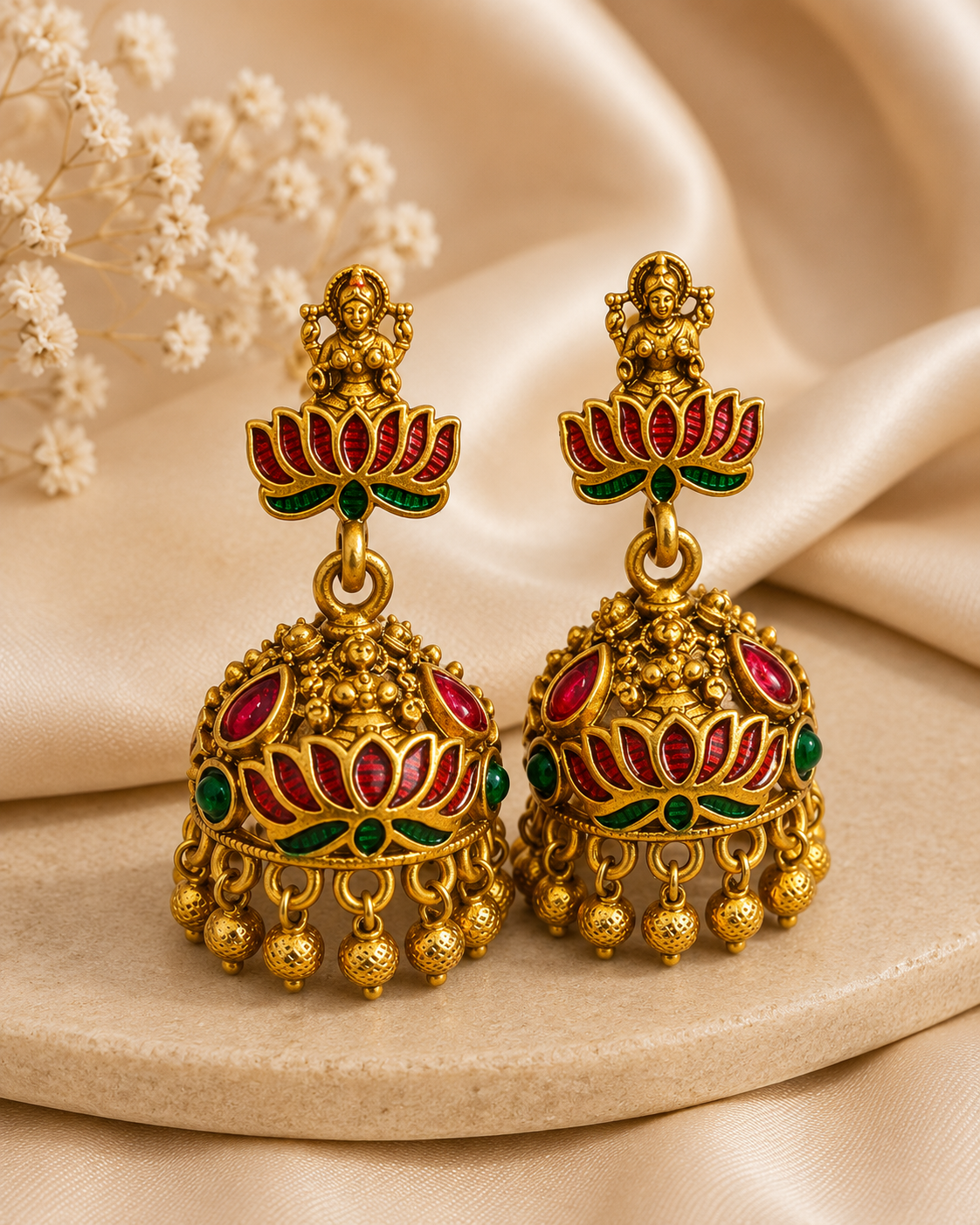 Antique Gold Goddess Lakshmi Lotus Temple Jhumka Earrings | OLS3