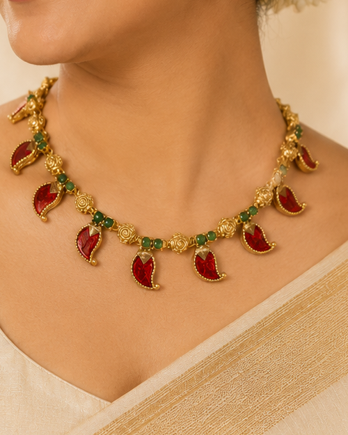 Antique Gold Ruby Crescent Moon Emerald Rose Necklace Set | OL124