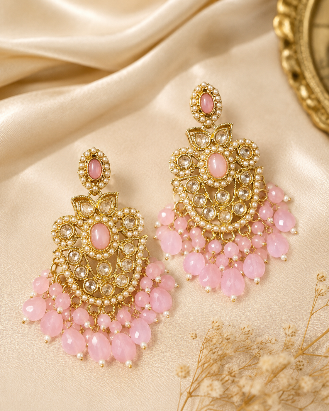 Gold Ruby Seed Pearl Polki Kundan Chandbali Earrings with Multicolour Bead Drops | OLS4