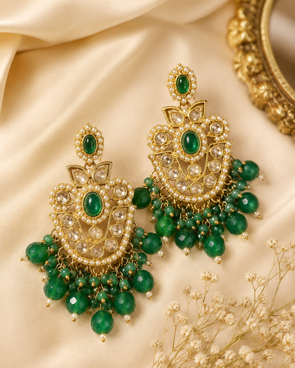 Gold Ruby Seed Pearl Polki Kundan Chandbali Earrings with Multicolour Bead Drops | OLS4