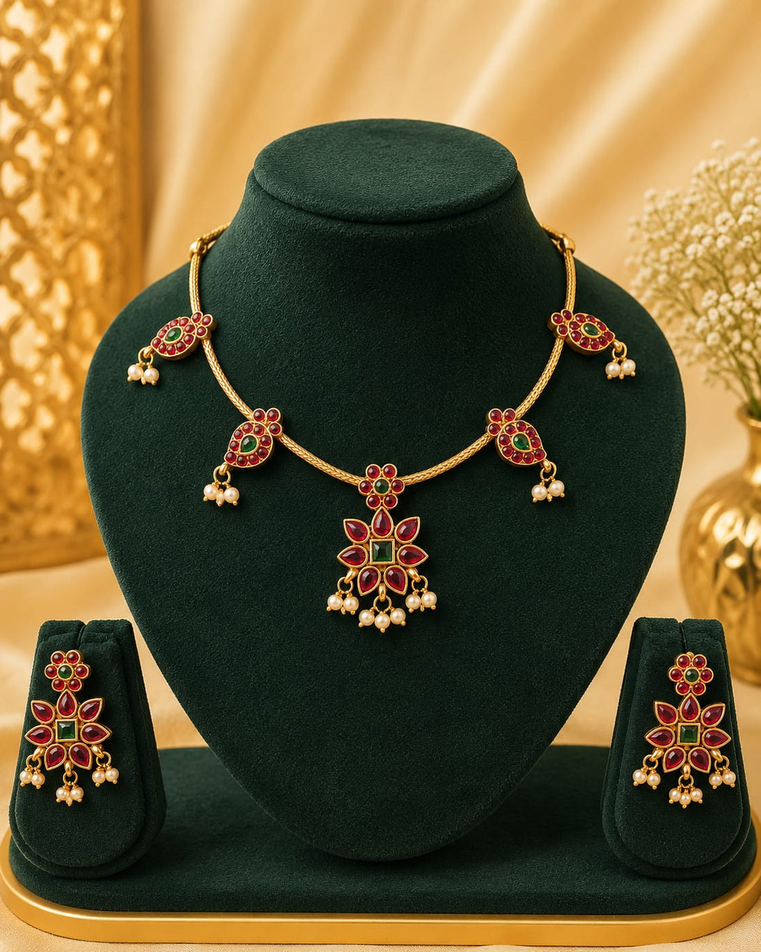 Antique Gold Ruby Marquise Floral Star Pendant Necklace Set | OL130