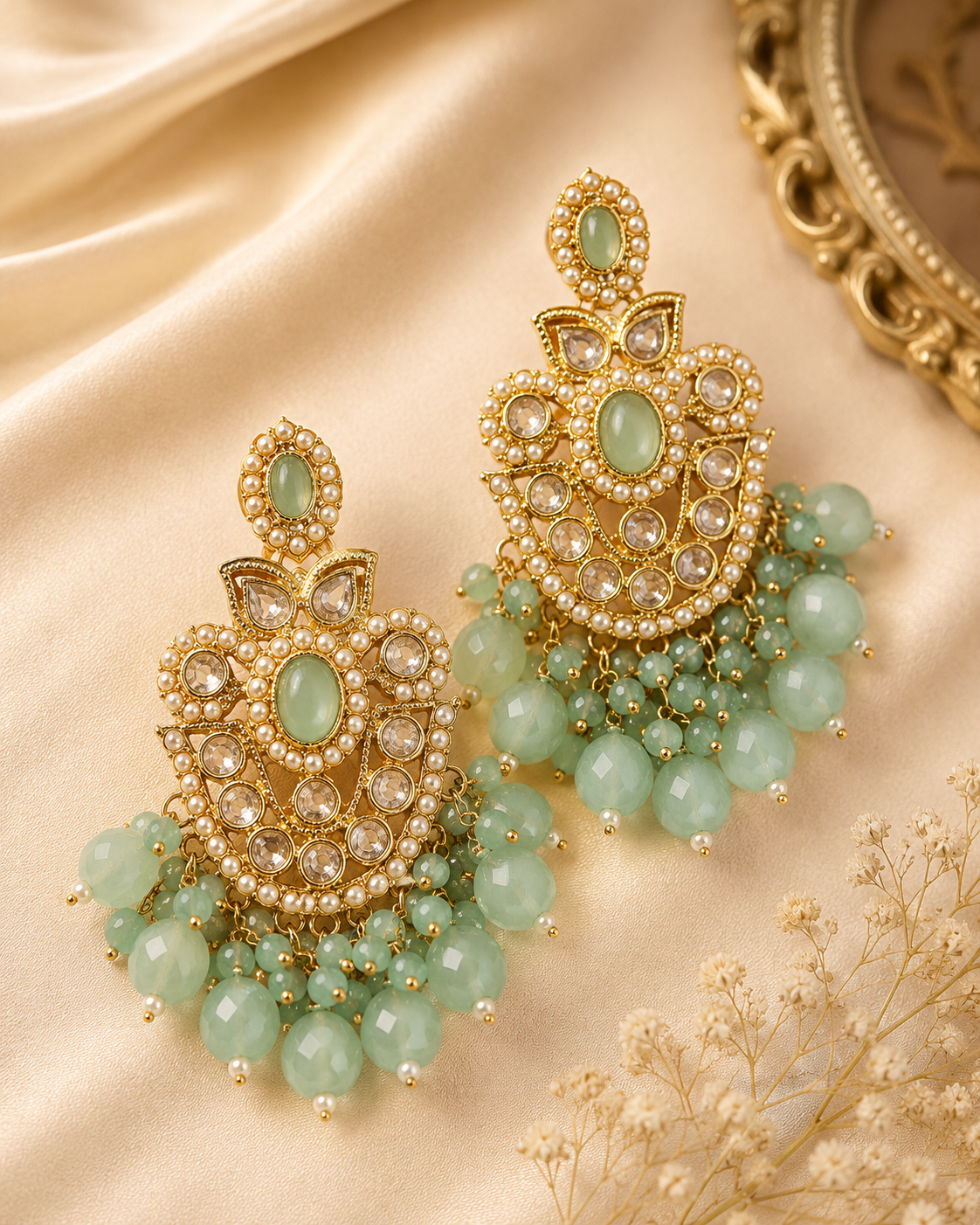 Gold Ruby Seed Pearl Polki Kundan Chandbali Earrings with Multicolour Bead Drops | OLS4