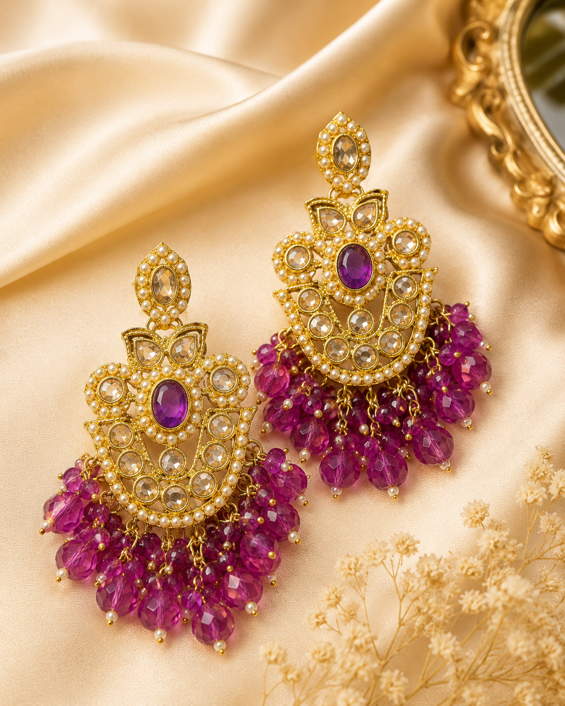 Gold Ruby Seed Pearl Polki Kundan Chandbali Earrings with Multicolour Bead Drops | OLS4