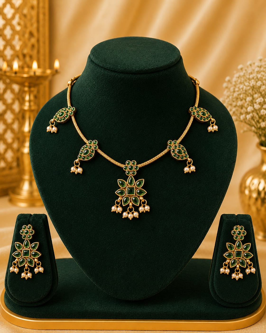 Antique Gold Ruby Marquise Floral Star Pendant Necklace Set | OL130