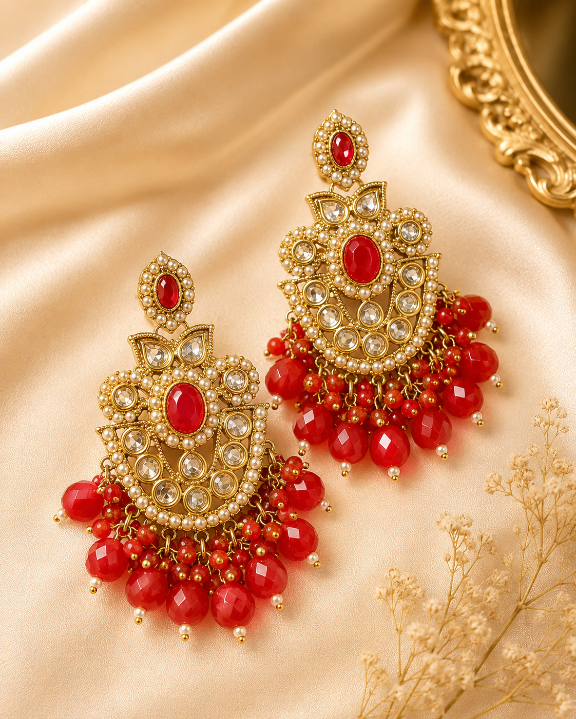 Gold Ruby Seed Pearl Polki Kundan Chandbali Earrings with Multicolour Bead Drops | OLS4