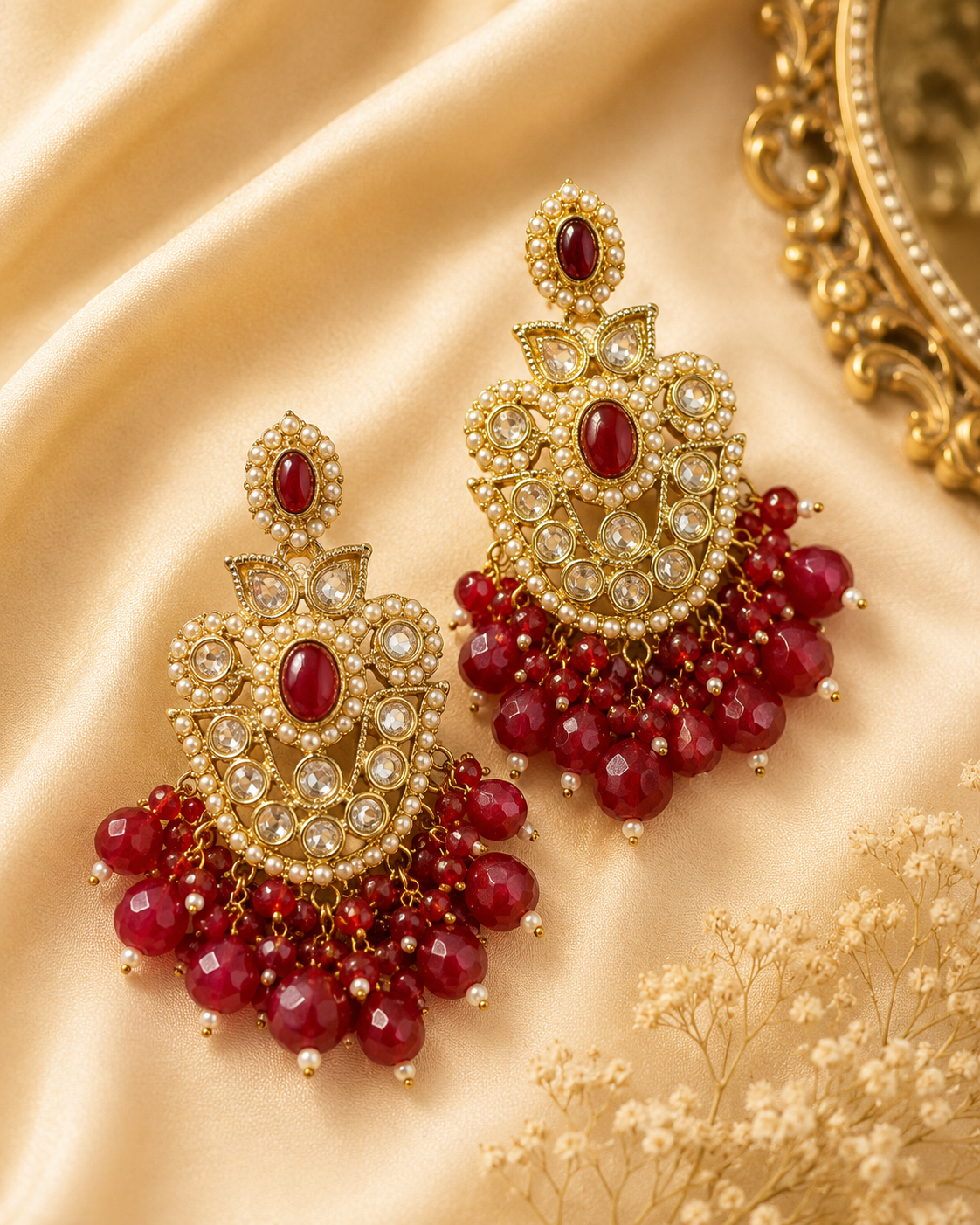 Gold Ruby Seed Pearl Polki Kundan Chandbali Earrings with Multicolour Bead Drops | OLS4