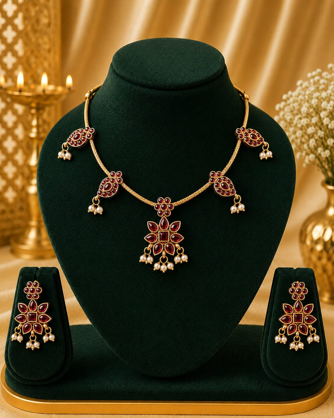 Antique Gold Ruby Oval Cluster Floral Star Pendant Necklace Set | OL194