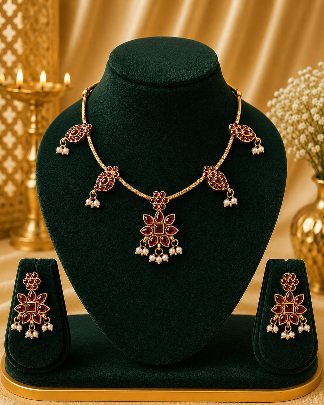 Antique Gold Ruby Oval Cluster Floral Star Pendant Necklace Set | OL194