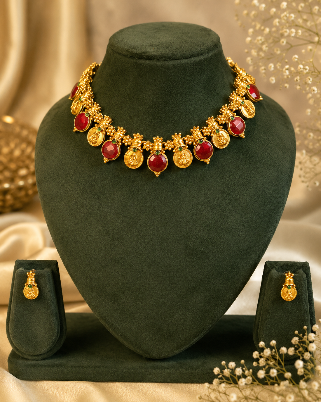 A close-up of a woman wearing a gold-toned traditional necklace and matching drop earrings with red gemstone accents, against a warm softly blurred background.