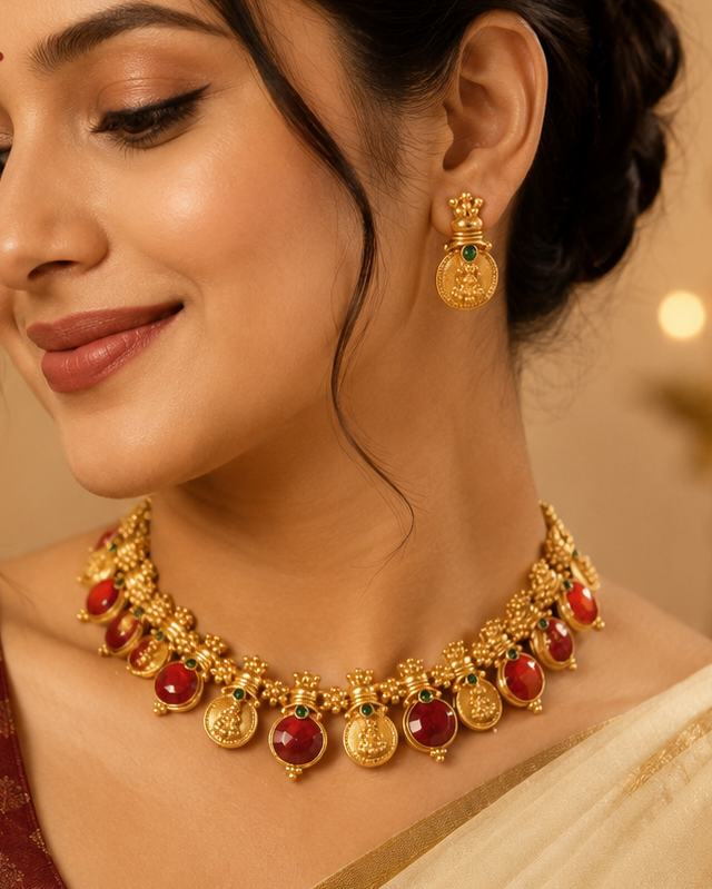 A close-up of a woman wearing a gold-toned traditional necklace and matching drop earrings with red gemstone accents, against a warm softly blurred background.