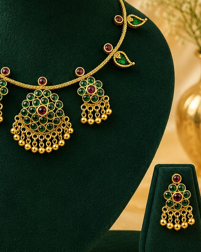 Antique Gold Emerald Cabochon Fan Pendant Leaf Torque Necklace Set | OL191