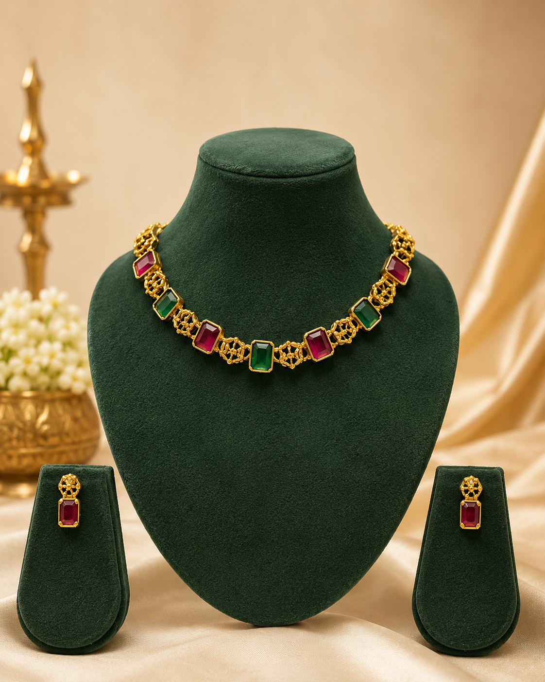 Antique Gold Ruby Emerald Rectangle Stone Filigree Choker Necklace Set | OL133