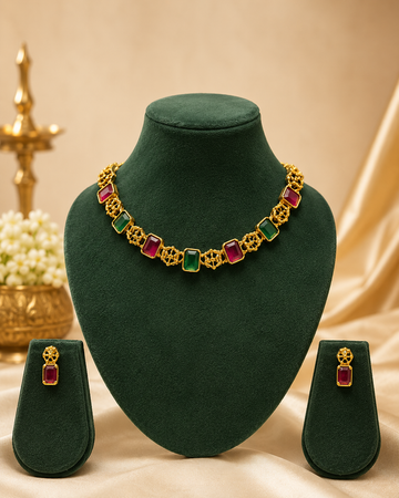 Antique Gold Ruby Emerald Rectangle Stone Filigree Choker Necklace Set | OL133