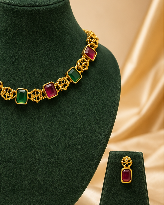 Antique Gold Ruby Emerald Rectangle Stone Filigree Choker Necklace Set | OL133