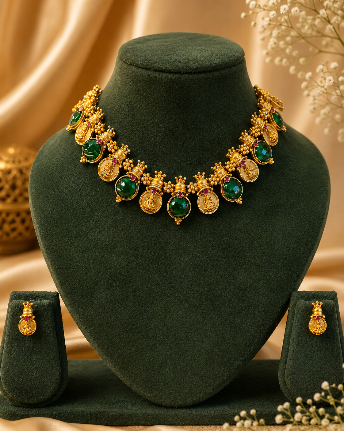 Antique Gold Ruby Goddess Lakshmi Kasu Coin Granule Choker Necklace Set | ONK92