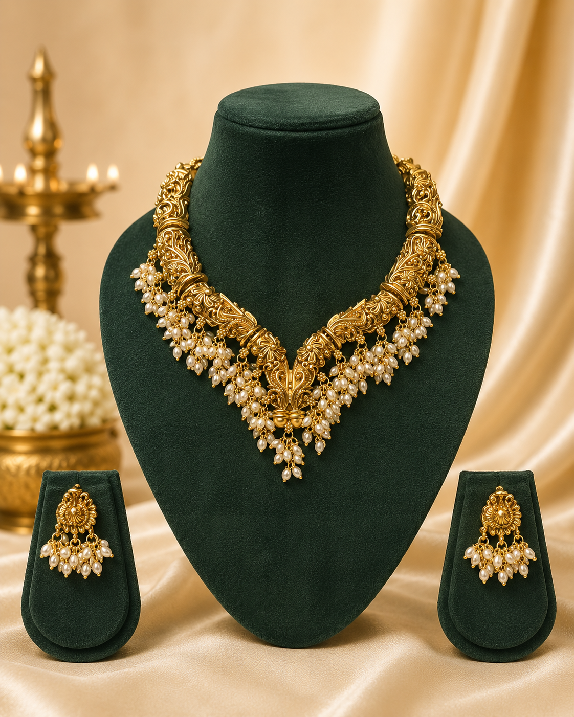 Antique Gold Nakshi Floral Scroll Choker Necklace Set with Pearls | OL115