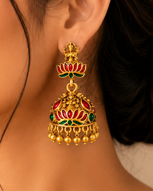 Antique Gold Goddess Lakshmi Lotus Temple Jhumka Earrings | OLS3