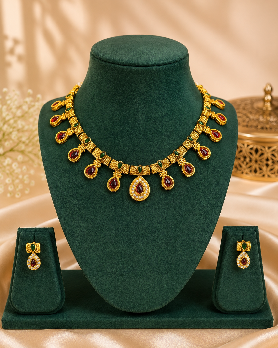 Antique Gold Ruby Teardrop Emerald Woven Choker Necklace Set | OL192