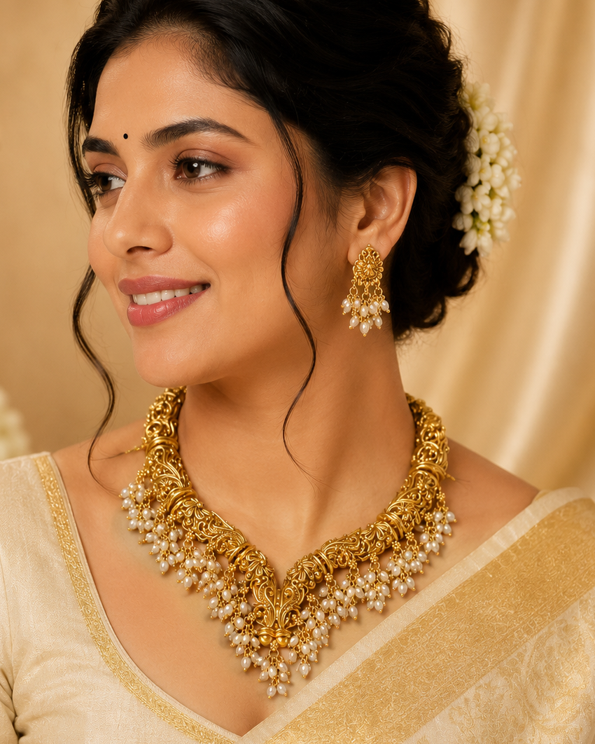 Antique Gold Nakshi Floral Scroll Choker Necklace Set with Pearls | OL115
