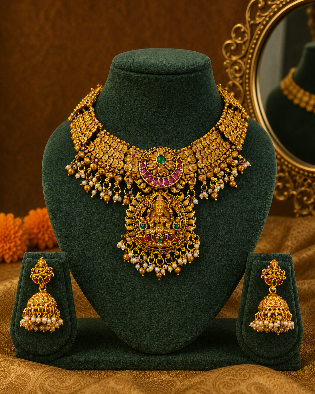 Antique Gold Goddess Lakshmi Collar Necklace Set | ONK98