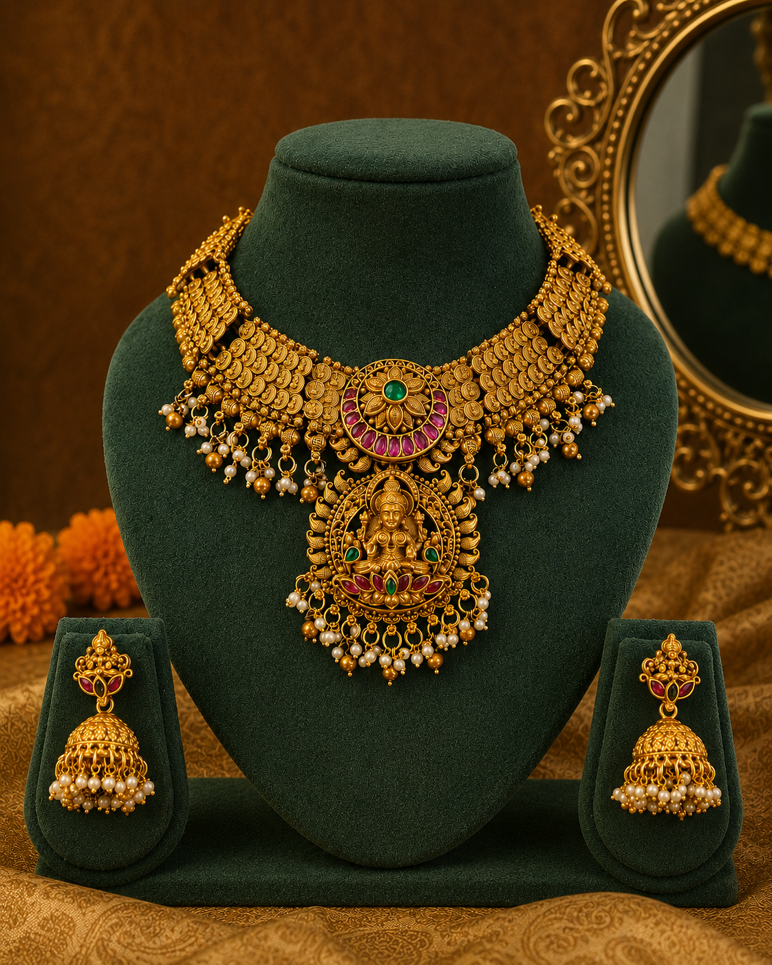 Antique Gold Goddess Lakshmi Collar Necklace Set | ONK98
