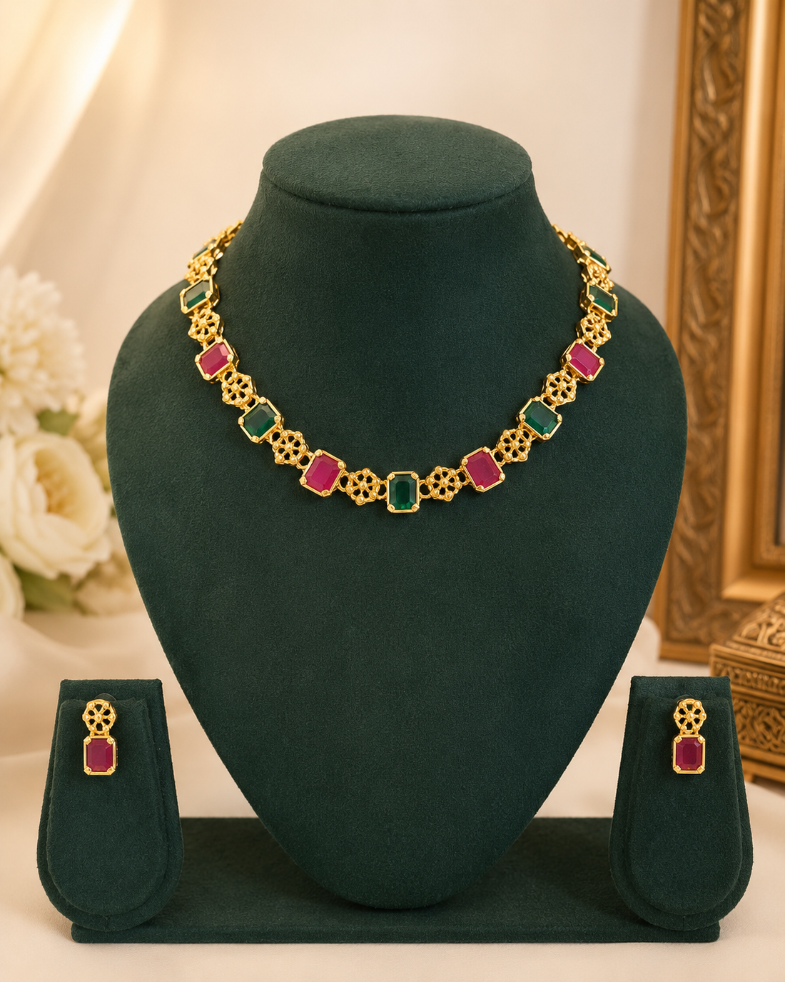 Gold Ruby Emerald Octagon Filigree Wheel Link Choker Necklace Set | ONK93