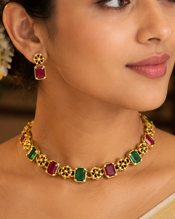 Gold Ruby Emerald Octagon Filigree Wheel Link Choker Necklace Set | ONK93