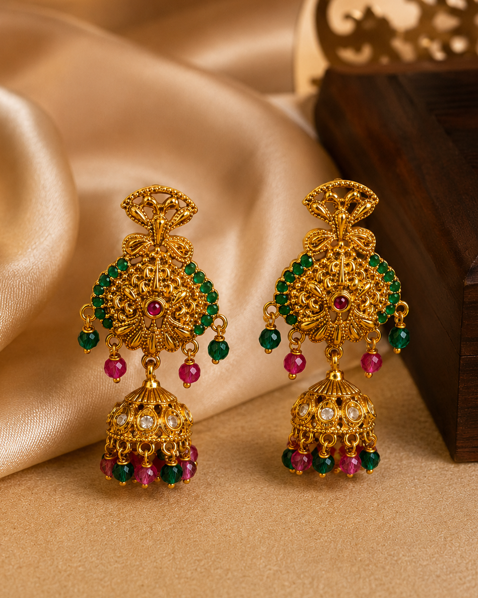 Gold Ruby Emerald Filigree Fan Chandbali with Polki Kundan Jhumka Earrings | OLS2