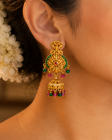 Gold Ruby Emerald Filigree Fan Chandbali with Polki Kundan Jhumka Earrings | OLS2