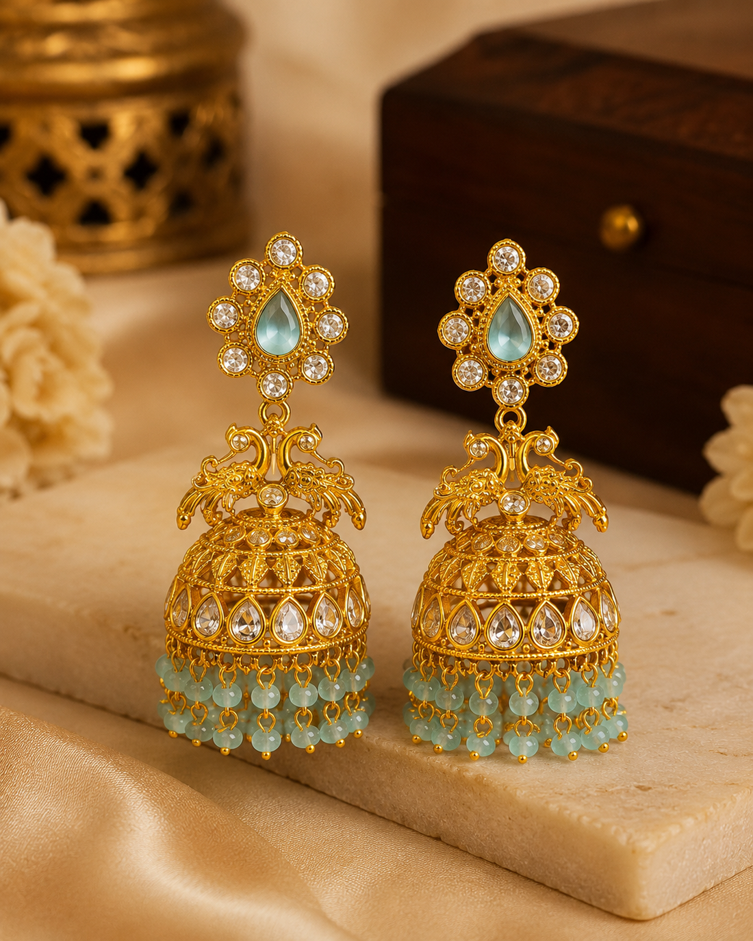 Gold Aqua Blue Teardrop CZ Polki Peacock Jhumka Earrings | OLS4