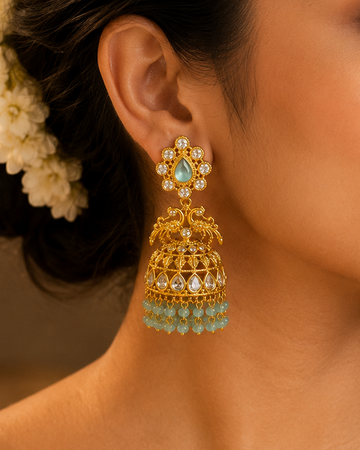 Gold Aqua Blue Teardrop CZ Polki Peacock Jhumka Earrings | OLS4