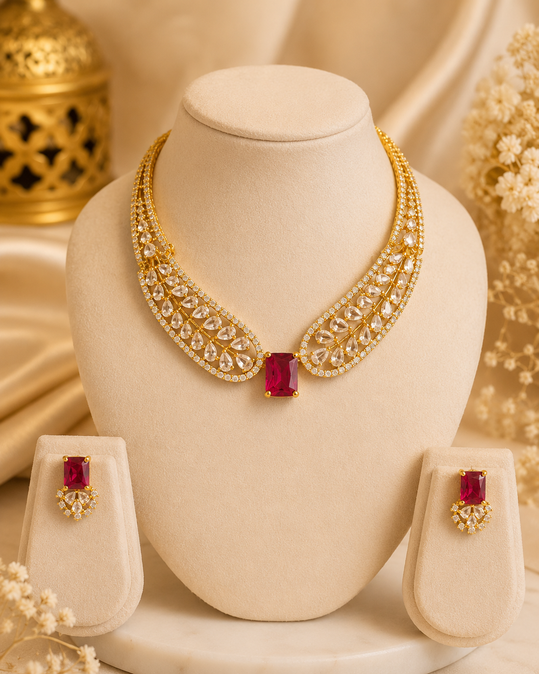 Gold Ruby Octagon CZ Pave Teardrop Leaf Spray Triple Row Necklace Set | ONK95