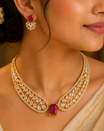 Gold Ruby Octagon CZ Pave Teardrop Leaf Spray Triple Row Necklace Set | ONK95
