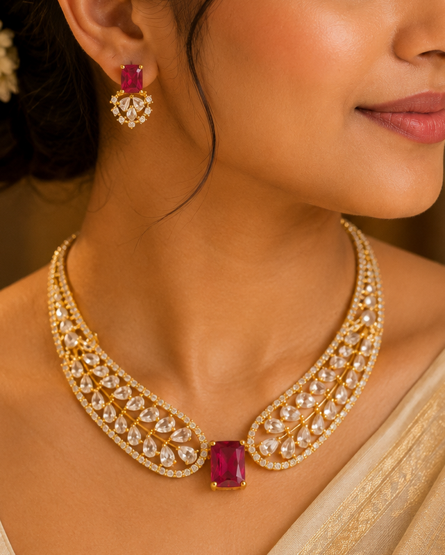 A close-up of a woman wearing a gold-plated traditional Indian collar necklace with a central rectangular ruby gemstone and matching drop earrings.