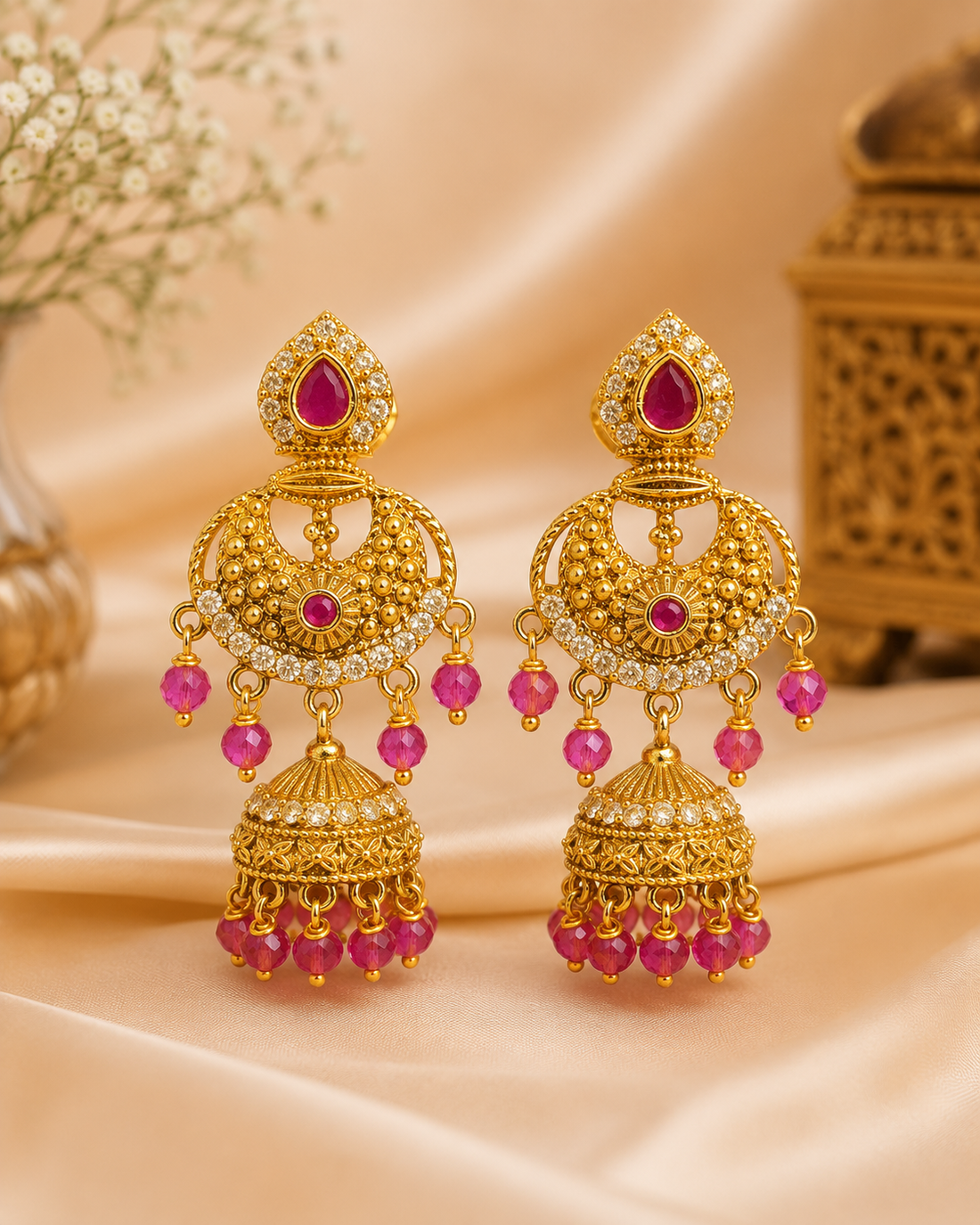 Gold Ruby CZ Pave Teardrop Granule Chandbali Jhumka Earrings-Pattern 1  | OLS2