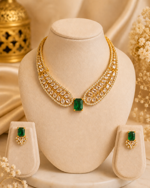 A close-up of a woman wearing a gold-plated traditional Indian collar necklace with a central rectangular ruby gemstone and matching drop earrings.